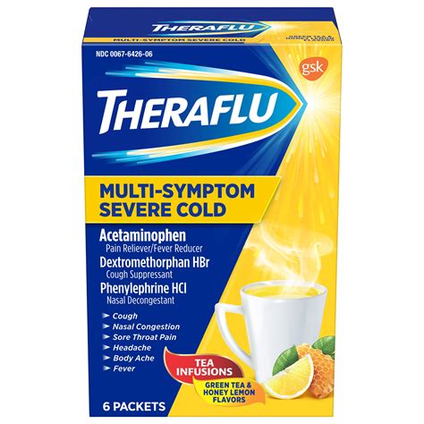 Theraflu Multi-Symptom Severe Cold Hot Liquid Powder Tea Infusions Green Tea and Honey Lemon ...