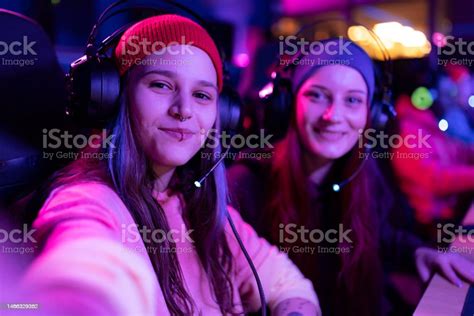 Smiling Women With Headset Taking A Self Portrait Photography In Gaming ...