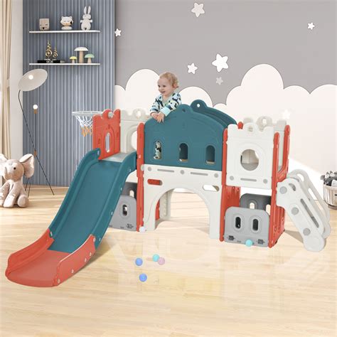 5 in 1 Slide Playset for Indoor & Outdoor, Kids Freestanding Castle with Slide, Climber ...