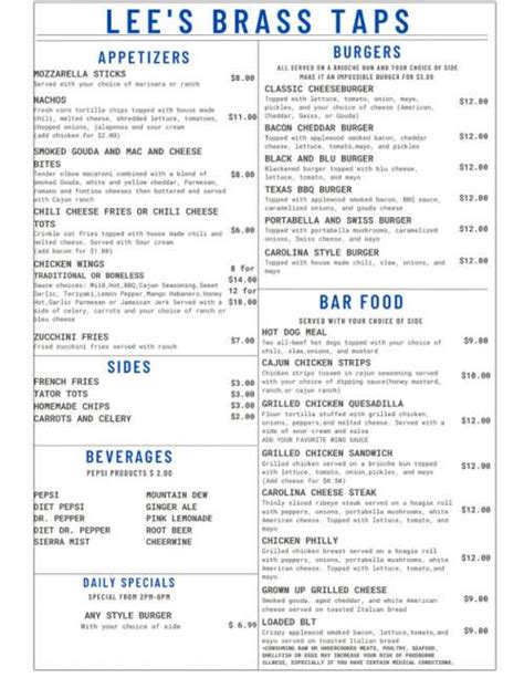 Lees Brass Taps Bar and Grill menu in Greensboro, North Carolina, USA