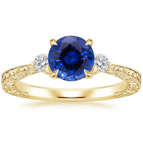 Three Stone Diamond Ring, Yellow Gold Diamond Ring, White Gold Sapphire, Round Sapphire, Diamond ...