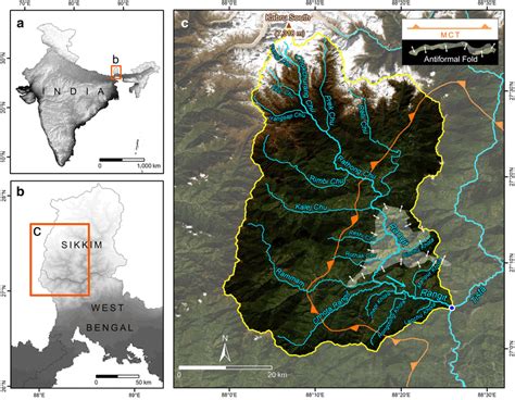 Course of the Rangit River, its tributaries and catchment area in the ...