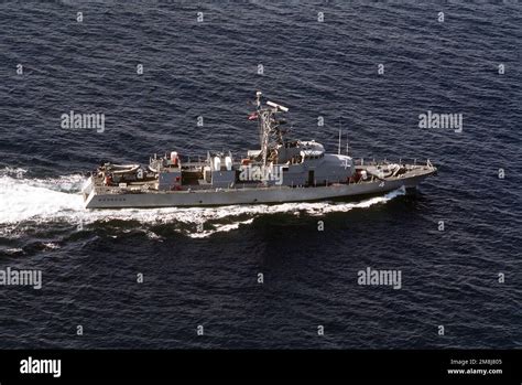 Aerial starboard side view of the patrol craft USS MONSOON (PC-4 ...