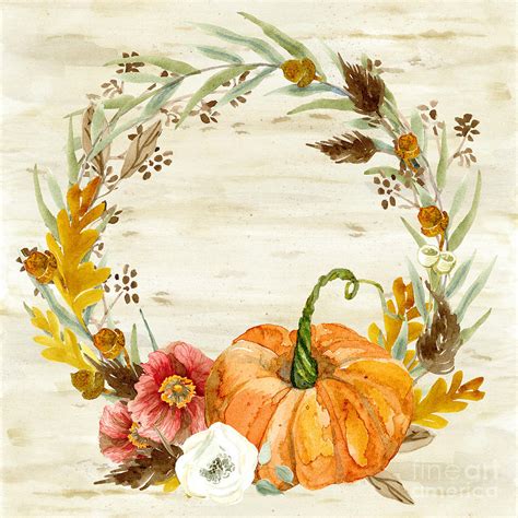 Fall Autumn Harvest Wreath on Birch Bark Watercolor Painting by Audrey Jeanne Roberts - Fine Art ...