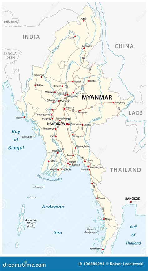 Myanmar Vector Road Map with Important Cities Stock Vector ...