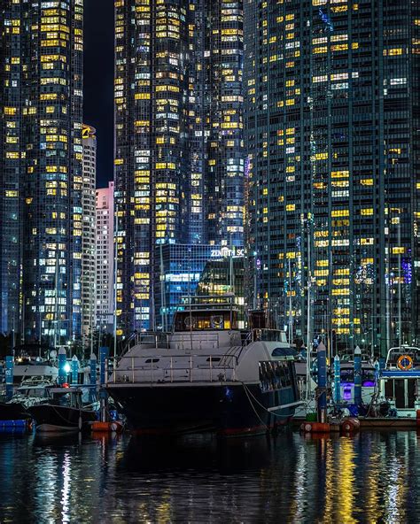 Night lights of Marine City seen from the Suyeong Bay Yachting Center ...