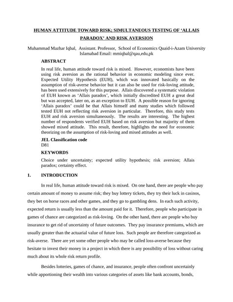 (PDF) Human Attitude toward Risk: Simultaneous Testing of ‘Allais ...