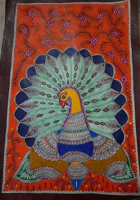 Peacock #2 - Madhubani painting (11" x 15") - International Indian Folk Art Gallery