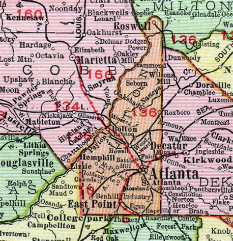 Fulton County, Georgia, 1911, Map, Rand McNally, Atlanta, Roswell, East ...