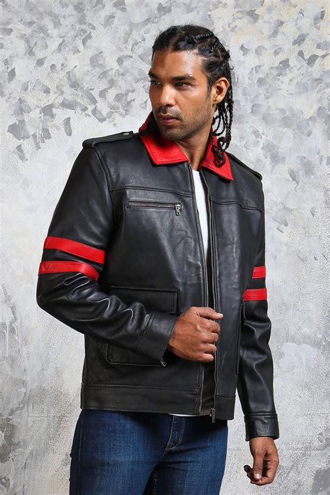 Black and Red Leather Jacket with Collar Men's Casual Outfit