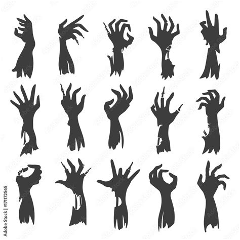 Undead zombie hand silhouettes isolated on white background. Dead hands ...