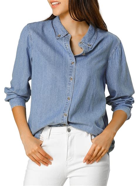 Allegra K - Allegra K Women's Classic Long Sleeve Button Up Denim Shirt L Light Blue - Walmart.com