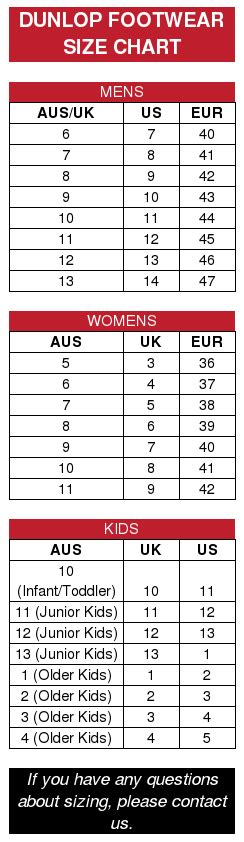 Dunlop Size Chart Mobile – Brand House Direct