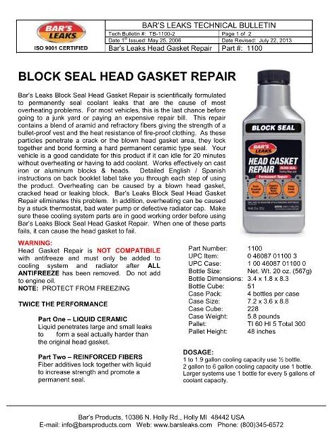 BLOCK SEAL HEAD GASKET REPAIR - Bar's Leaks & Rislone