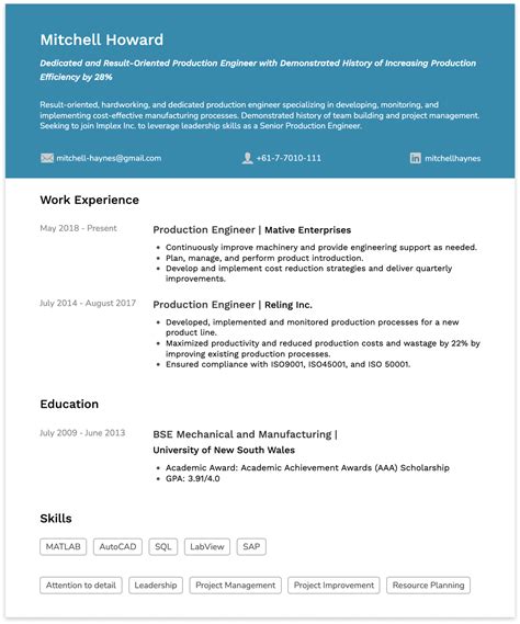 Production Engineer Resume Samples (+ Job Description & Tips) | CakeResume