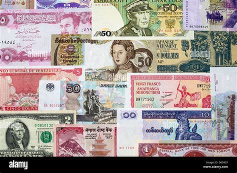 International currency with banknotes from different world countries ...