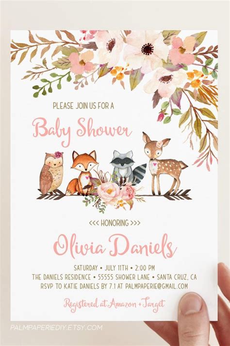 Woodland Baby Shower Invitation for Girl, Instant Download Template ...