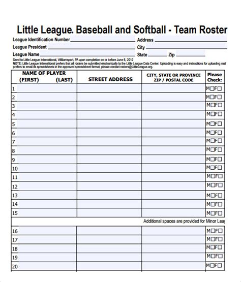 Baseball Roster Template | HQ Printable Documents