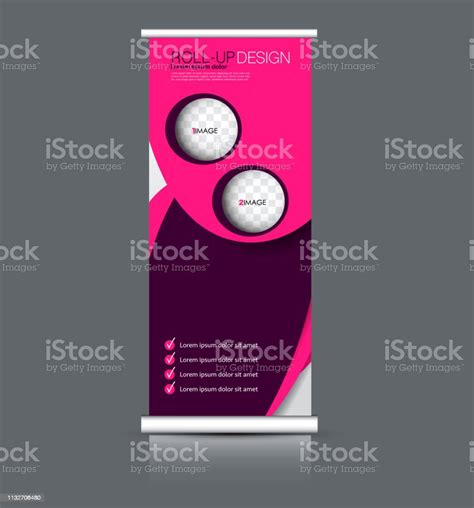 Roll Up Banner Stand Vertical Information Board Design Pink And Purple Color Vector Illustration ...