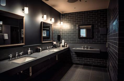 Premium Photo | A bathroom with black sinks and paper towels