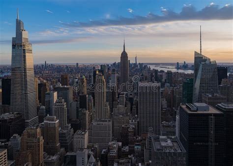 Aerial View of Downtown Manhattan Buildings Under a Sunset Sky Stock ...