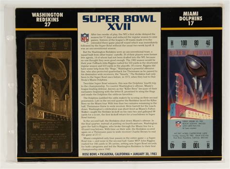 Commemorative Super Bowl XVII Score Card With 22kt Gold Ticket: Redskins vs Dolphins | Pristine ...