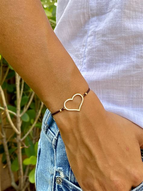 Cz Heart Bracelet. Heart Bracelet. Brown String Bracelet. Gold | Etsy