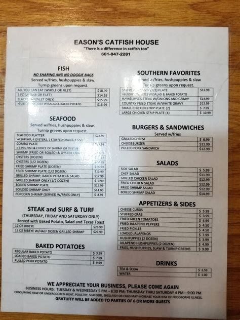 Menu at Easons Catfish House restaurant, Mendenhall, 200 Merit Rd