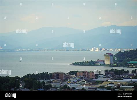 The scenery of Lake Biwa taken from Hikone Castle in Shiga Prefecture, Japan.Lake Biwa is a ...