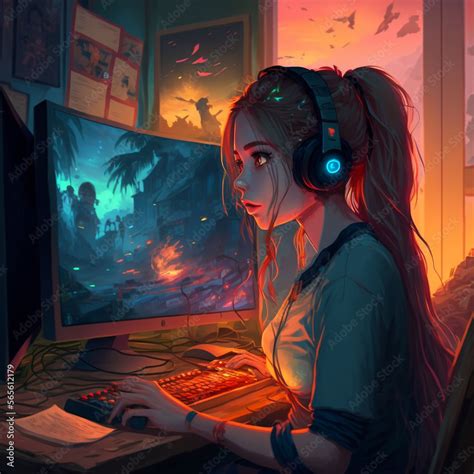 Cute girl gamer playing a computer game at night Stock Illustration | Adobe Stock