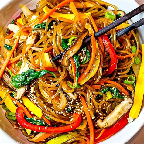 Easy Japchae (Korean glass noodle stir fry) - Drive Me Hungry