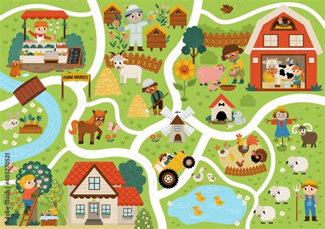 Farm village map. Country life background. Vector rural area scenes infographic elements with ...