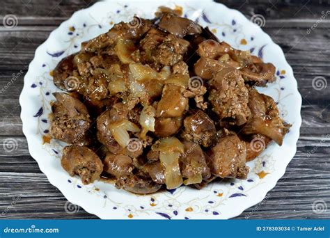 Cooked Chicken Livers, Gizzards and Hearts, Selective Focus of Fresh Liver, Gizzard and Heart of ...