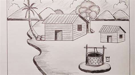 How to Draw a Beautiful Village Scenery.Village Scenery Drawing With ...