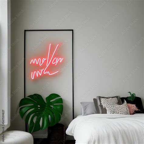 Neon sign monstera in the decor of the bedroom. Trendy style. Neon sign ...