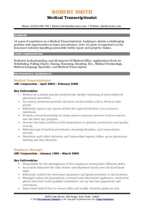 Medical Transcriptionist Resume Samples | QwikResume