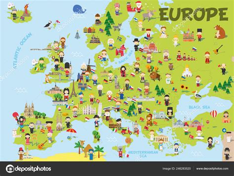 Funny cartoon map of Europe with childrens of different nationalities, representative monuments ...