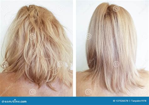 Hair Girl Straightening before and after Keratin Procedures Stock Photo ...