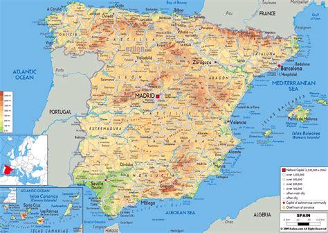 Large physical map of Spain with roads, cities and airports | Spain | Europe | Mapsland | Maps ...