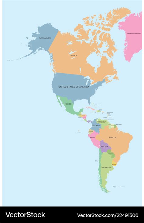 Coloured political map of north and south america Vector Image