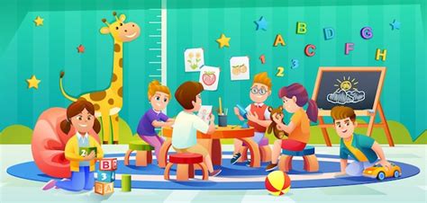 Premium Vector | Children playing together in kindergarten room cartoon ...