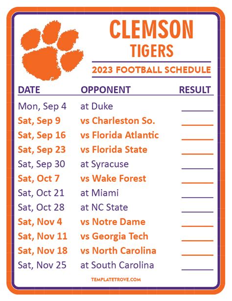 Printable 2023 Clemson Tigers Football Schedule