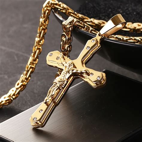 New Arrival Jesus Cross Crystal Pendant Necklace Link Byzantine Gold Color Stainless Steel Men ...