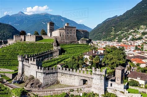 Aerial of the Castlegrande, Three Castles of Bellinzona UNESCO World Heritage Site, Ticino ...