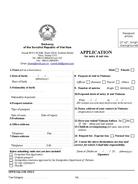 Visa Application Form Vietnam