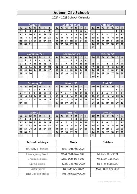 Auburn City Schools Calendar 2021-2022 in PDF Format