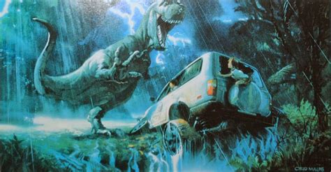 an image of two dinosaurs chasing a car in the rain with text that reads, jurassic park