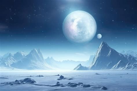 Premium AI Image | Distant icy planet with nebulae and two large moons