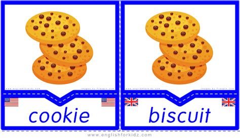 Printable Food & Drinks Flashcards. Cookie vs. Biscuit. | Printable flash cards, Flashcards ...