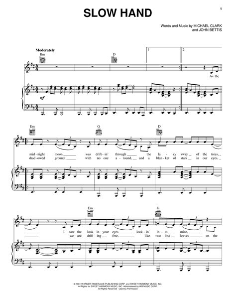 Pointer Sisters Slow Hand Sheet Music Notes, Chords | Lyrics and chords, Slow hands, Sheet music ...